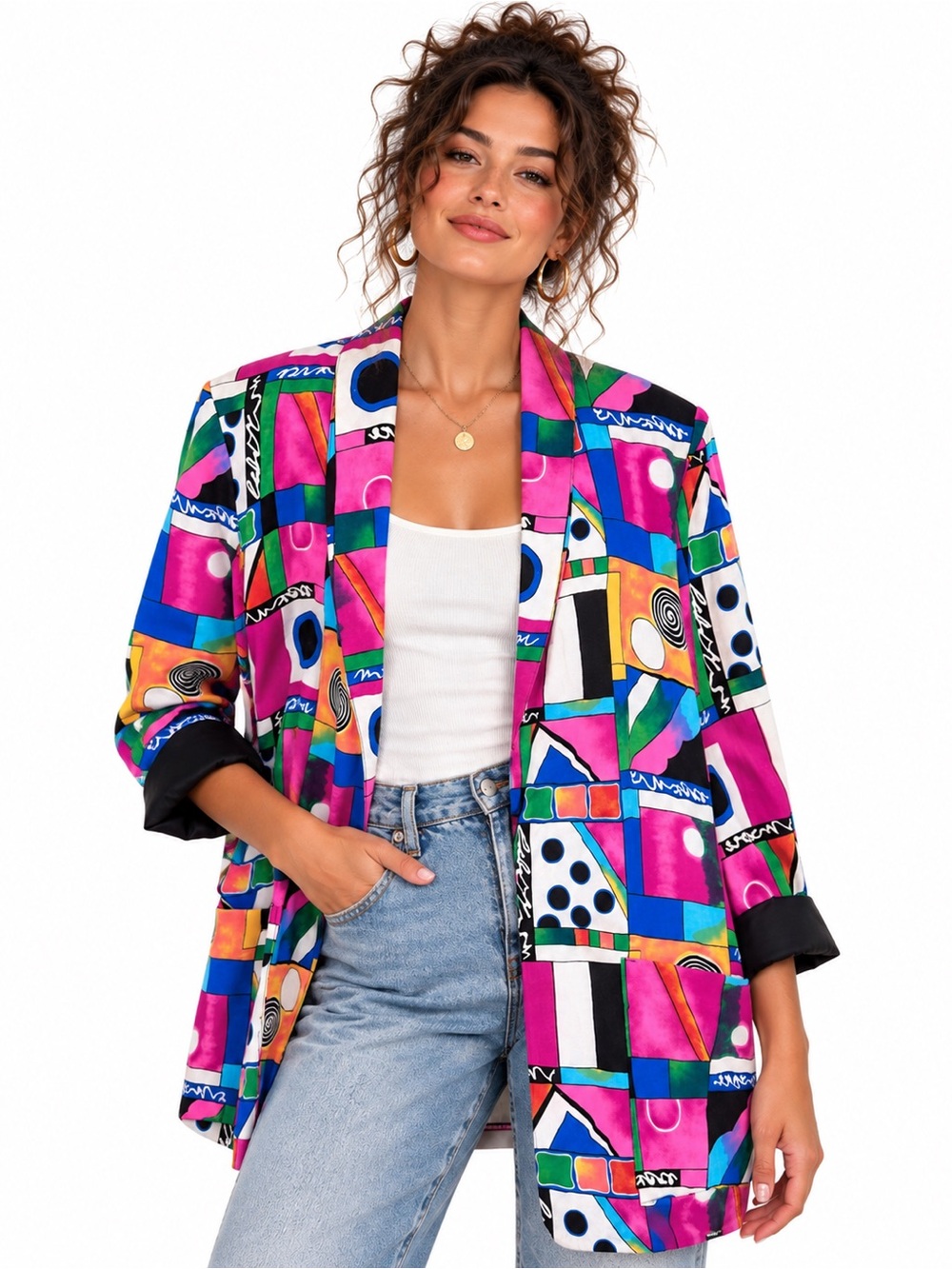 Vintage 80s 90s Kensington Square Abstract Geometric Blazer Colorful Medium USA